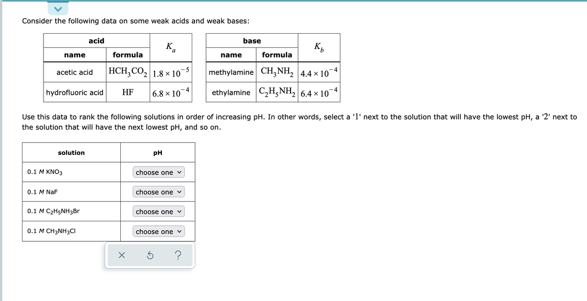 Consider the following data on some weak acids and weak bases:
acid
base
K.
K,
name
formula
name
formula
HCH,CO, 1.8 × 10
5
-4
аcetic acid
methylamine CH,NH, 4.4 × 10
C,H,NH, 6.4 x 10
-4
hydrofluoric acid
HF
6.8 x 10 4
ethylamine
Use this data to rank the following solutions in order of increasing pH. In other words, select a 'l' next to the solution that will have the lowest pH, a '2' next to
the solution that will have the next lowest pH, and so on.
solution
pH
0.1 M KNO3
choose one
0.1 M NaF
choose one
0.1 М C2HsNHзBr
choose one
0.1 M CH3NH3CI
choose one v
