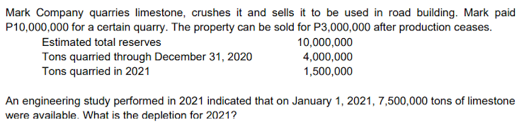 Mark Company quarries limestone, crushes it and sells it to be used in road building. Mark paid
P10,000,000 for a certain quarry. The property can be sold for P3,000,000 after production ceases.
Estimated total reserves
10,000,000
Tons quarried through December 31, 2020
Tons quarried in 2021
4,000,000
1,500,000
An engineering study performed in 2021 indicated that on January 1, 2021, 7,500,000 tons of limestone
were available. What is the depletion for 2021?
