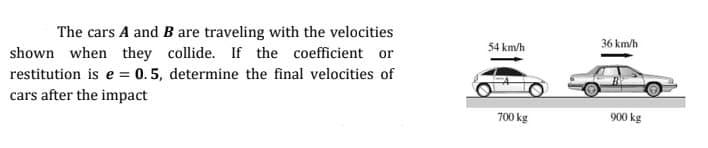 The cars A and B are traveling with the velocities
shown when they collide. If the coefficient or
36 km/h
54 km/h
restitution is e = 0.5, determine the final velocities of
cars after the impact
700 kg
900 kg
