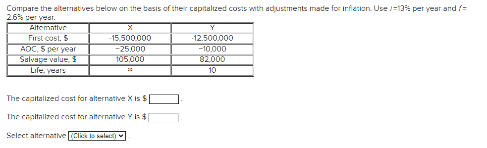 Compare the alternatives below on the basis of their capitalized costs with adjustments made for inflation. Use i=13% per year and f=
2.6% per year.
Alternative
First cost, $
Y
-15,500,000
-12,500,000
AOC, $ per year
Salvage value, $
Life, years
-25,000
-10,000
105,000
82,000
10
00
The capitalized cost for alternative X is $
The capitalized cost for alternative Y is $|
Select alternative (Click to select) v
