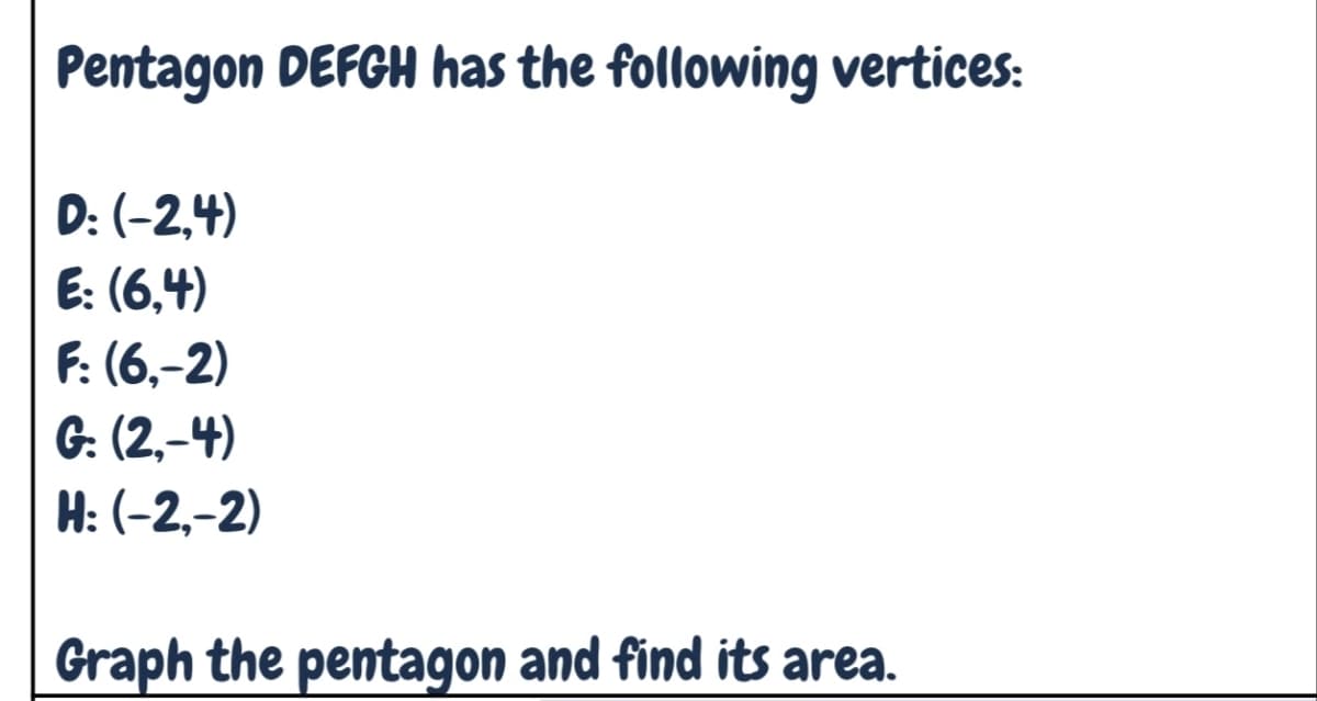Pentagon DEFGH has the following vertices:
D: (-2,4)
E: (6,4)
F: (6,-2)
G: (2,-4)
H: (-2,-2)
Graph the pentagon and find its area.
