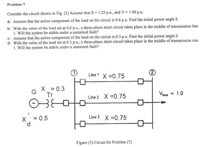 Problem 7
Consider the circuit shown in Fig. (5) Assume that E = 1.25 p.u., and V= 1.00 p.u.
a- Assume that the active component of the load on the circuit is 0.6 p.u. Find the initial power angle 8.
b- With the value of the load set at 0.6 p.u., a three-phase short circuit takes place in the middle of transmission line
1. Will the system be stable under a sustained fault?
c- Assume that the active component of the load on the circuit is 0.3 p.u. Find the initial power angle 8.
d- With the value of the load set at 0.3 p.u., a three-phase short circuit takes place in the middle of transmission line
1. Will the system be stable under a sustained fault?
Line 1 X =0.75
X = 0.3
Tr
G
Vous = 1.0
Line 2 X =0.75
X = 0.5
Line 3 X =0.75
Figure (5) Circuit for Problem (7)
