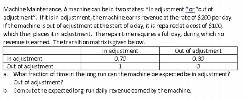 Machine Maintenance. A machinecan bein twostates: "In adjustment "or "out of
adjustment". If it is in adjustment, themachine earns revenue at therate of $200 per day.
If themachine is out of adjustment at the start of a day, it is repairedat a cost of $100,
which then places it in adjustment. Therepairtimerequires a full day, during which no
revenue is earned. Thetransition matrixisgiven below.
In adjustment
Out of adjustment
In adjustment
Out of adjustment
a. What fraction of timein thelong run can themachine be expectedbe in adjustment?
Out of adjustment?
b. Computethe expectedlong-run daily revenue earnedby themachine.
0.70
0.30
