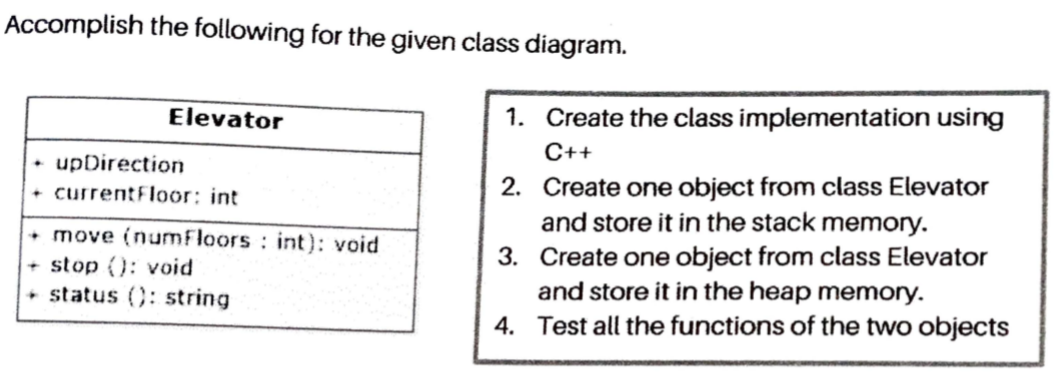 Accomplish the following for the given class diagram.
Elevator
1. Create the class implementation using
C++
upDirection
2. Create one object from class Elevator
and store it in the stack memory.
3. Create one object from class Elevator
and store it in the heap memory.
4. Test all the functions of the two objects
• currentFloor: int
• move (numFloors : int): void
stop (): void
+ status (): string
