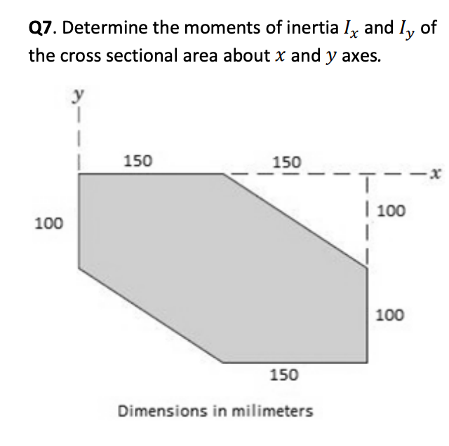 Q7. Determine the moments of inertia Ix and Iy of
the cross sectional area about x and y axes.
100
y
150
150
150
Dimensions in milimeters
T
| 100
100