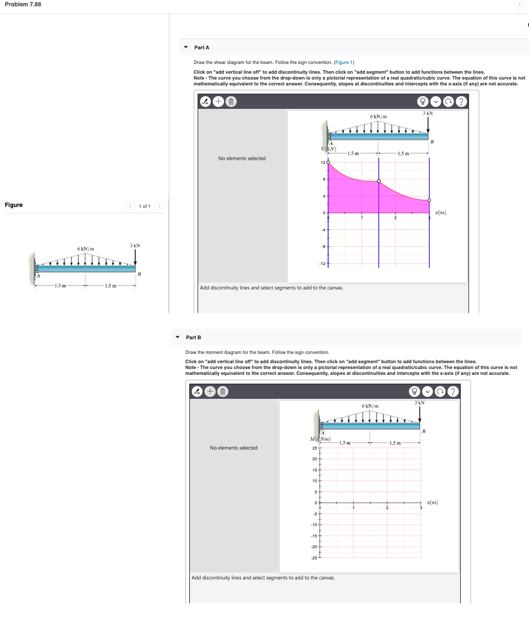 Problem 7.88
Figure
-1.5 m
6 kN/m
1.5 m
1 of 1 >
3 kN
B
Part A
Draw the shear diagram for the beam. Follow the sign convention. (Figure 1)
Click on "add vertical line off" to add discontinuity lines. Then click on "add segment" button to add functions between the lines.
Note - The curve you choose from the drop-down is only a pictorial representation of a real quadratic/cubic curve. The equation of this curve is not
mathematically equivalent to the correct answer. Consequently, slopes at discontinuities and intercepts with the x-axis (if any) are not accurate.
+0
No elements selected
Part B
No elements selected
20
Add discontinuity lines and select segments to add to the canvas.
15
10
5
0
A
M(Nm)
25
-5
VAN)
-15
120
-10-
-20
-25
8
Draw the moment diagram for the beam. Follow the sign convention.
Click on "add vertical line off" to add discontinuity lines. Then click on "add segment" button to add functions between the lines.
Note - The curve you choose from the drop-down is only a pictorial representation of a real quadratic/cubic curve. The equation of this curve is not
mathematically equivalent to the correct answer. Consequently, slopes at discontinuities and intercepts with the x-axis (if any) are not accurate.
Û
0
-8
-12-
0
1.5 m
Add discontinuity lines and select segments to add to the canvas.
6 kN/m
-1.5 m
6 kN/m
1.5 m
3
2
3 kN
1.5 m
3 kN
B
B
x(m)
(3)
x(m)