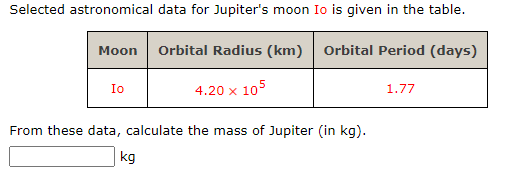 Selected astronomical data for Jupiter's moon Io is given in the table.
Мoon
Orbital Radius (km)
Orbital Period (days)
Io
4.20 x 105
1.77
From these data, calculate the mass of Jupiter (in kg).
kg
