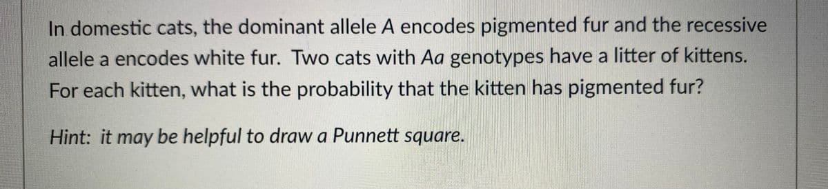 In domestic cats, the dominant allele A encodes pigmented fur and the recessive
allele a encodes white fur. Two cats with Aa genotypes have a litter of kittens.
For each kitten, what is the probability that the kitten has pigmented fur?
Hint: it may be helpful to draw a Punnett square.

