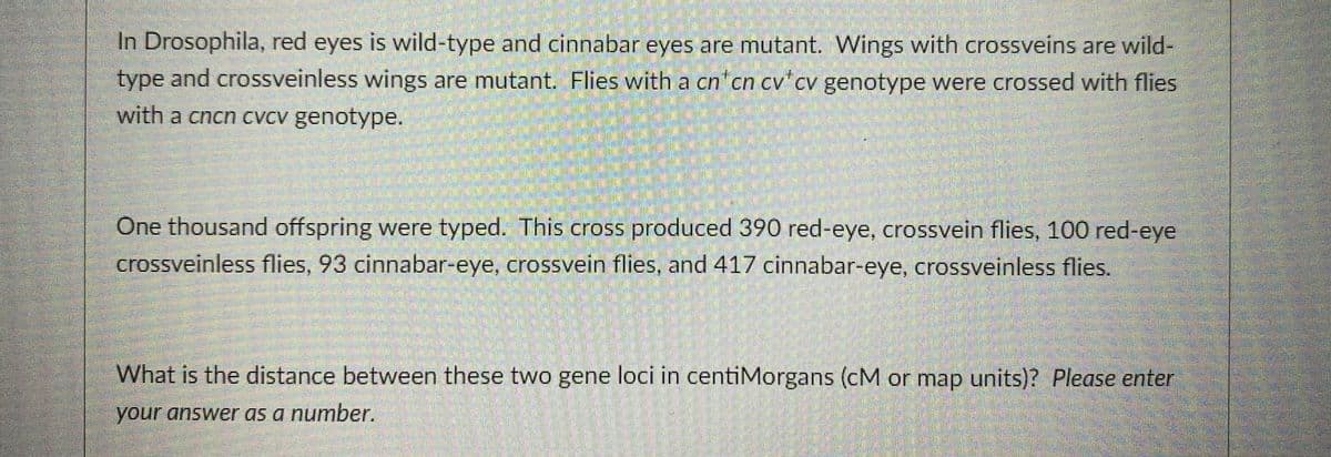 In Drosophila, red eyes is wild-type and cinnabar eyes are mutant. Wings with crossveins are wild-
type and crossveinless wings are mutant. Flies with a cn cn cv'cv genotype were crossed with flies
with a cncn CVCv genotype.
One thousand offspring were typed. This cross produced 390 red-eye, crossvein flies, 100 red-eye
crossveinless flies, 93 cinnabar-eye, crossvein flies, and 417 cinnabar-eye, crossveinless flies.
What is the distance between these two gene loci in centiMorgans (cM or map units)? Please enter
your answer as a number.

