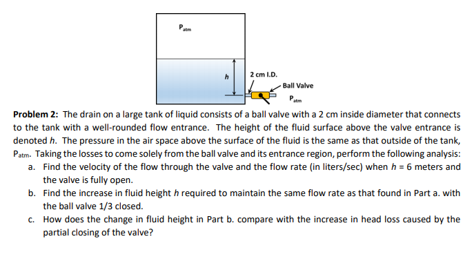 Pum
2 cm I.D.
Ball Valve
Patm
Problem 2: The drain on a large tank of liquid consists of a ball valve with a 2 cm inside diameter that connects
to the tank with a well-rounded flow entrance. The height of the fluid surface above the valve entrance is
denoted h. The pressure in the air space above the surface of the fluid is the same as that outside of the tank,
Patm. Taking the losses to come solely from the ball valve and its entrance region, perform the following analysis:
a. Find the velocity of the flow through the valve and the flow rate (in liters/sec) when h = 6 meters and
the valve is fully open.
b. Find the increase in fluid height h required to maintain the same flow rate as that found in Part a. with
the ball valve 1/3 closed.
c. How does the change in fluid height in Part b. compare with the increase in head loss caused by the
partial closing of the valve?
