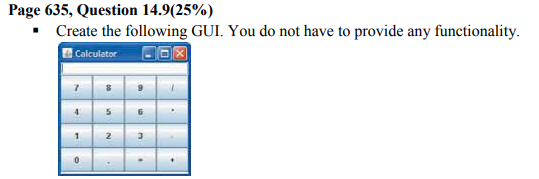 Page 635, Question 14.9(25%)
• Create the following GUI. You do not have to provide any functionality.
Calculator
2
1.
