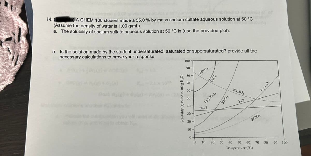14.
stoppor
0.09 priniainoa noituloa a fort
ts) A CHEM 106 student made a 55.0 % by mass sodium sulfate aqueous solution at 50 °C
(Assume the density of water is 1.00 g/mL).
a. The solubility of sodium sulfate aqueous solution at 50 °C is (use the provided plot):
b. Is the solution made by the student undersaturated, saturated or supersaturated? provide all the
necessary calculations to prove your response.
103
Solubility (g solute in 100 g H₂O)
100
90
80
70
60
40
30
20
10
0
0
NaNO3
Pb(NO3)2
NaCl
CaCl₂
10
20
30
ΚΝΟ,
Na₂SO4
KCI
KCIO3
K₂Cr₂O7
40 50 60 70 80 90
Temperature (°C)
100