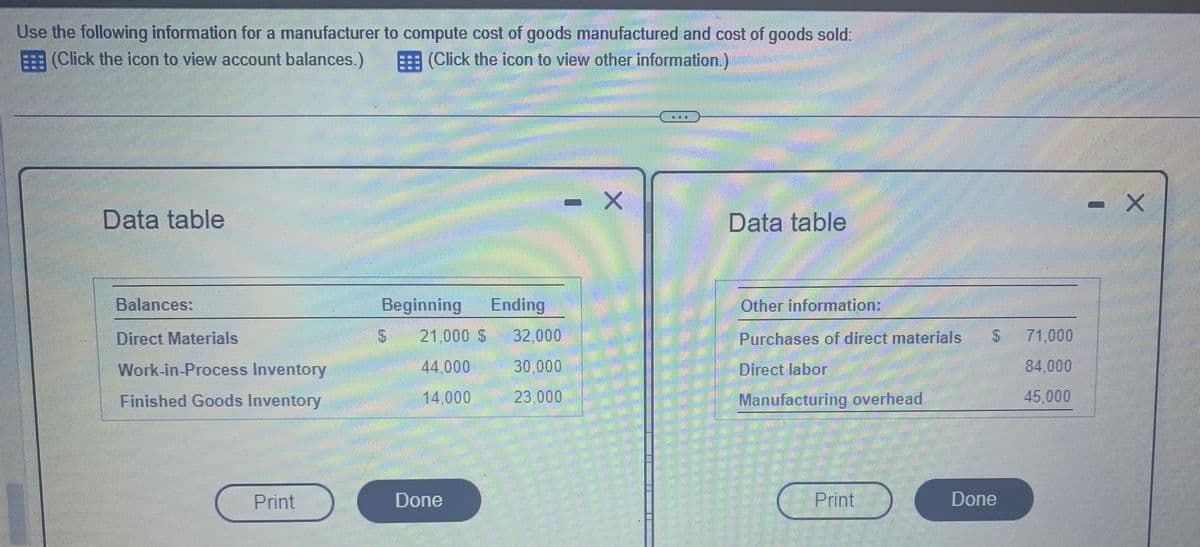 Use the following information for a manufacturer to compute cost of goods manufactured and cost of goods sold:
(Click the icon to view account balances.)
(Click the icon to view other information.)
Data table
Balances:
Direct Materials
Work-in-Process Inventory
Finished Goods Inventory
Print
Beginning
S 21,000 $
44,000
14.000
Done
Ending
32,000
30,000
23,000
- X
...
Data table
Other information:
Purchases of direct materials
Direct labor
Manufacturing overhead
Print
S
Done
71,000
84.000
45,000
- X