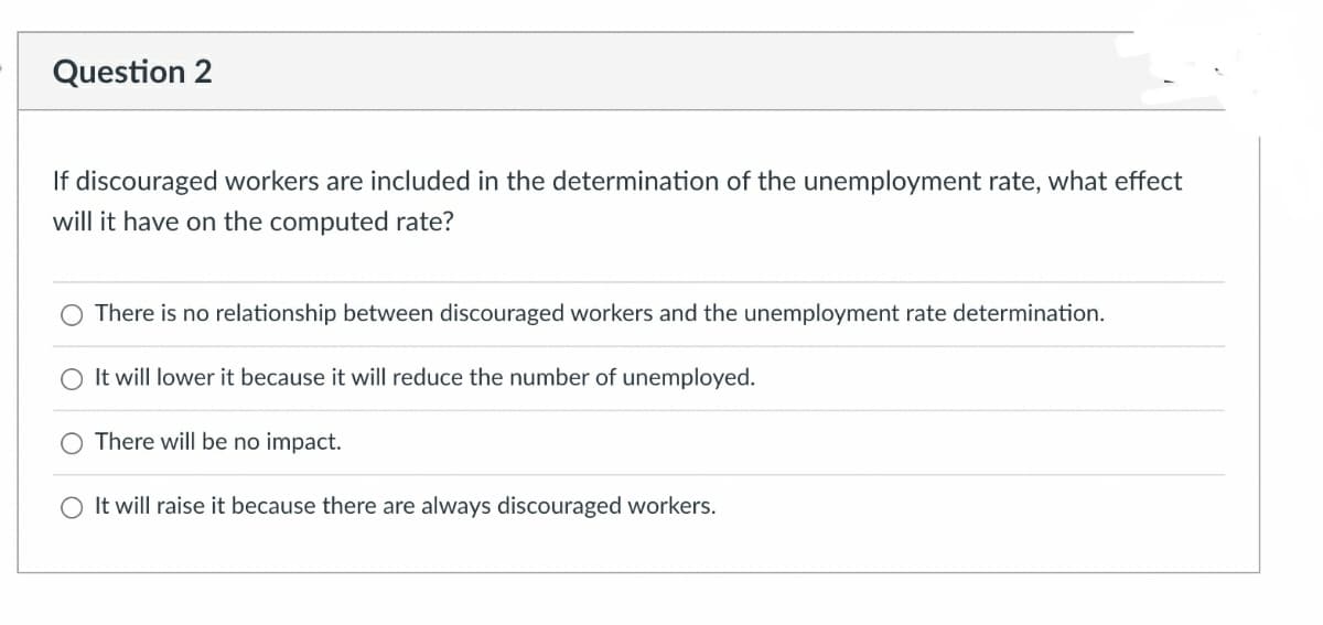 Question 2
If discouraged workers are included in the determination of the unemployment rate, what effect
will it have on the computed rate?
There is no relationship between discouraged workers and the unemployment rate determination.
It will lower it because it will reduce the number of unemployed.
There will be no impact.
O It will raise it because there are always discouraged workers.
