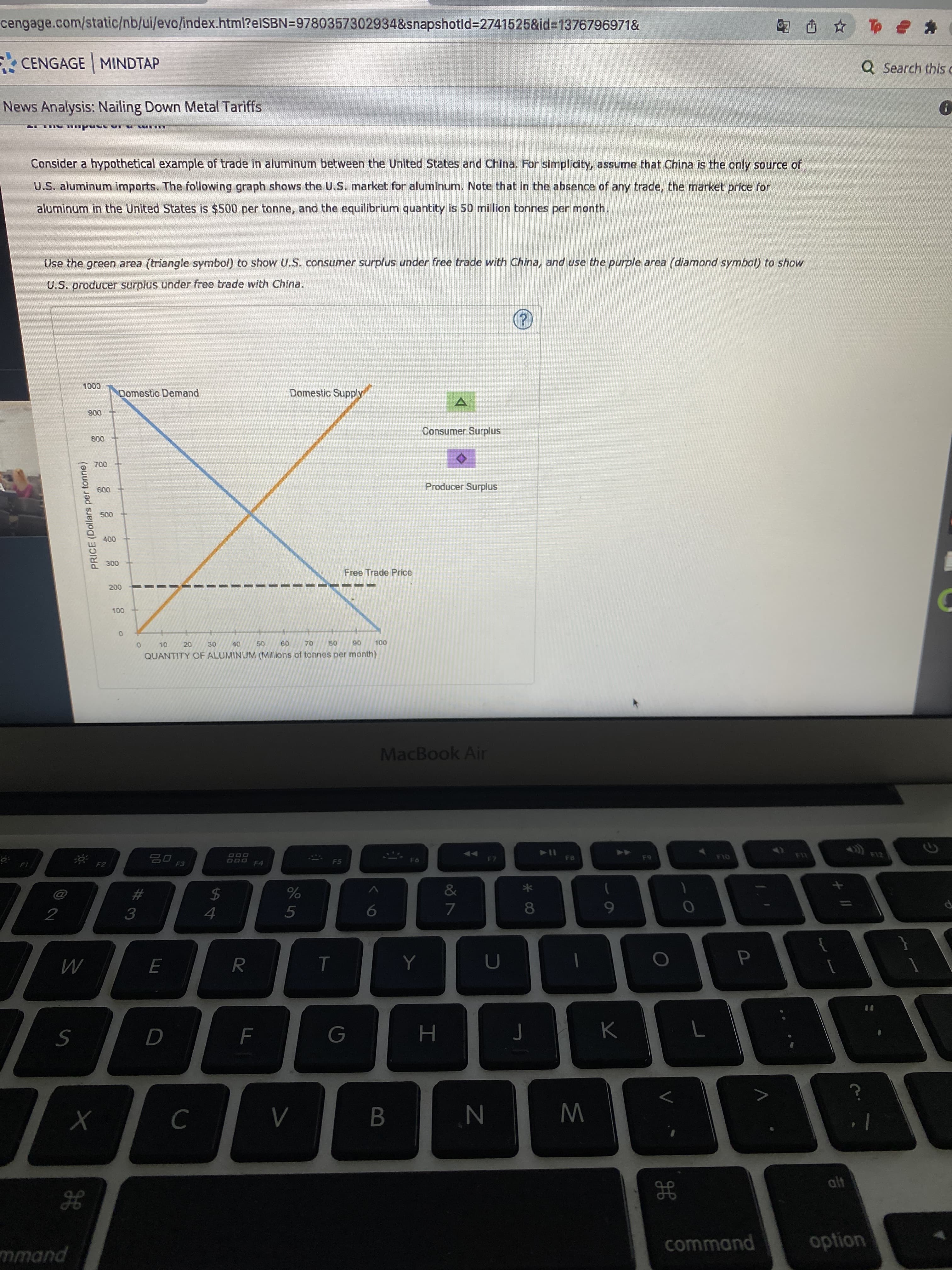 #3
PRICE (Dollars per tonne)
cengage.com/static/nb/ui/evo/index.html?elSBN=9780357302934&snapshotld=D2741525&id3D1376796971&
E CENGAGE MINDTAP
Q Search thisC
News Analysis: Nailing Down Metal Tariffs
THIR A JA 15 ndu BILLS
Consider a hypothetical example of trade in aluminum between the United States and China. For simplicity, assume that China is the only source of
U.S. aluminum imports. The following graph shows the U.S. market for aluminum. Note that in the absence of any trade, the market price for
aluminum in the United States is $500 per tonne, and the equilibrium quantity is 50 million tonnes per month.
Use the green area (triangle symbol) to show U.S. consumer surplus under free trade with China, and use the purple area (diamond symbol) to show
U.S. producer surplus under free trade with China.
0000
Domestic Demand
Domestic Supply
006
Consumer Surplus
008
Producer Surplus
009
Free Trade Price
1.
06
20
08
09
QUANTITY OF ALUMINUM (Millions of tonnes per month)
MacBook Air
DOO
F4
114
F8
F10
&
24
4.
5
7.
6
H
B.
W
alt
command
option
pubwu
