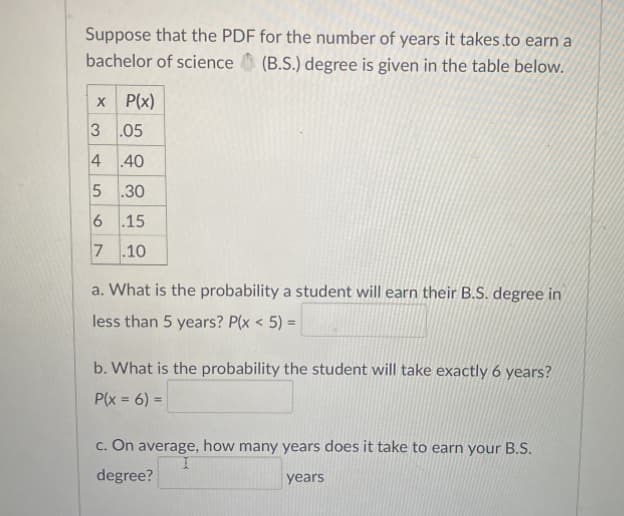 Suppose that the PDF for the number of years it takes.to earn a
bachelor of science (B.S.) degree is given in the table below.
x P(x)
3 .05
4 40
5 .30
6 .15
7 10
a. What is the probability a student will earn their B.S. degree in
less than 5 years? P(x < 5) =
b. What is the probability the student will take exactly 6 years?
P(x = 6) =
c. On average, how many years does it take to earn your B.S.
I.
degree?
years
