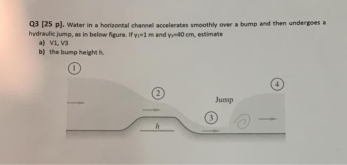 Q3 [25 p). Water in a horizontal channel accelerates smoothly over a bump and then undergoes a
hydraulic jump, as in below figure. If y:=1m and y3=40 cm, estimate
a) v1, V3
b) the bump height h.
(2
Jump
h

