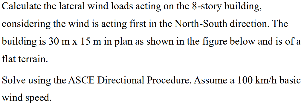 Calculate the lateral wind loads acting on the 8-story building,
considering the wind is acting first in the North-South direction. The
building is 30 m x 15 m in plan as shown in the figure below and is of a
flat terrain.
Solve using the ASCE Directional Procedure. Assume a 100 km/h basic
wind speed.
