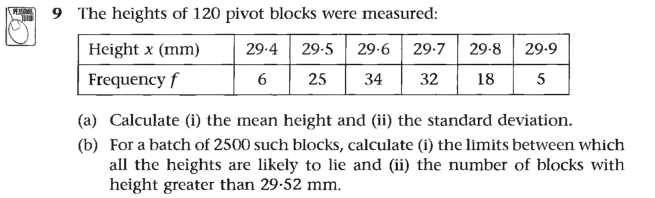 9 The heights of 120 pivot blocks were measured:
Height x (mm)
29.4
29-5
29-6 29-7
29-8
29.9
Frequency f
6
25
34
32
18
5
(a) Calculate (i) the mean height and (ii) the standard deviation.
(b) For a batch of 2500 such blocks, calculate (i) the limits between which
all the heights are likely to lie and (ii) the number of blocks with
height greater than 29-52 mm.
