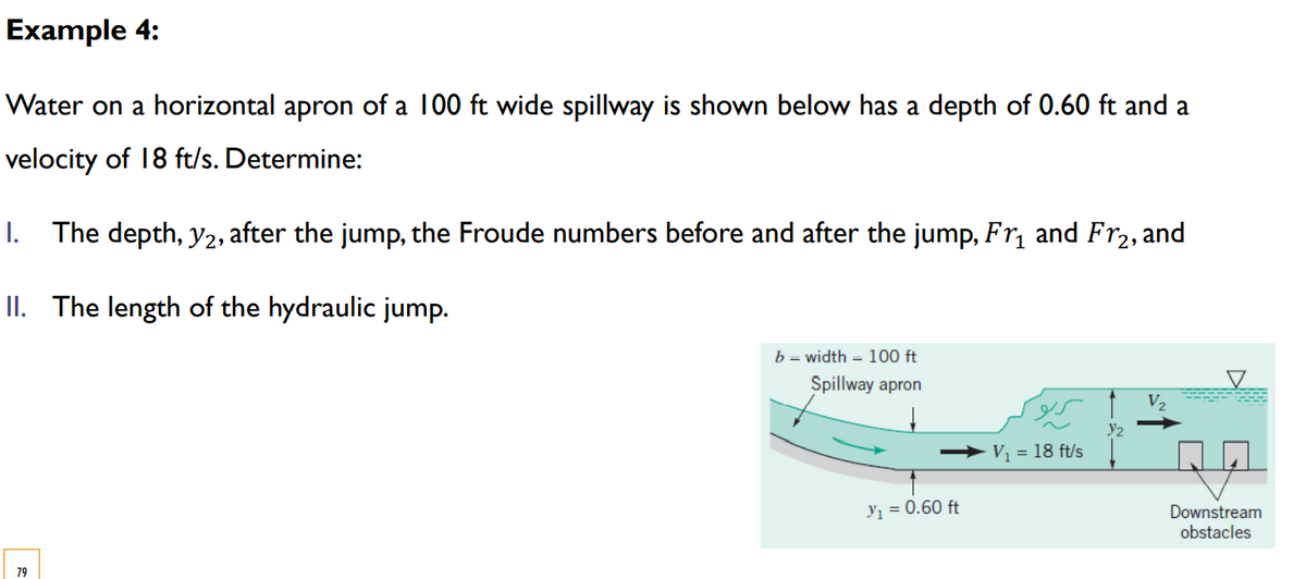 Example 4:
Water on a horizontal apron of a 100 ft wide spillway is shown below has a depth of 0.60 ft and a
velocity of 18 ft/s. Determine:
I.
The depth, y2,
after the jump, the Froude numbers before and after the jump, Fr, and Fr2, and
II. The length of the hydraulic jump.
b = width = 100 ft
Spillway apron
y2
V, = 18 ft/s
Yı = 0.60 ft
Downstream
obstacles
79
