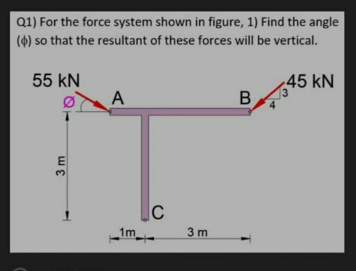 Q1) For the force system shown in figure, 1) Find the angle
(4) so that the resultant of these forces will be vertical.
55 kN
45 kN
3
B
A
1m
3 m
3 m
