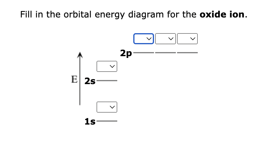 Fill in the orbital energy diagram for the oxide ion.
E 2s
1s
2p