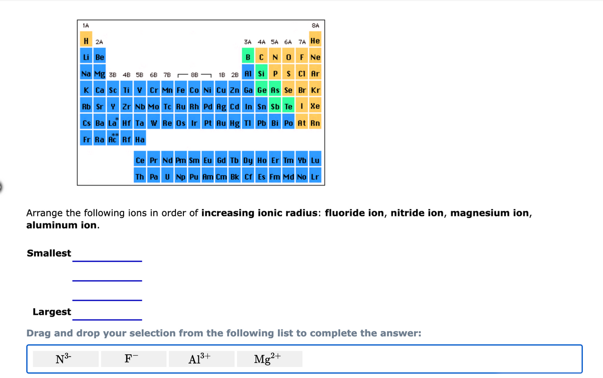 1A
Smallest
H2A
Li Be
Na Mg 3B 4B 5B 6B 7B
K Ca Sc Ti V Cr Mn Fe Co Ni Cu Zn Ga
Rb Sr Y Zr Nb Mo Tc Ru Rh
8B
**
Fr Ra Ac Rf Ha
3A 4A 5A 6A 7A He
N
OF NE
S Cl Ar
B C
1B 2B Al Si
F
Pd Ag Cd In
P
8A
Ge As Se Br Kr
Cs Ba La Hf Ta W Re Os Ir Pt Au Hg Tl Pb Bi Po At Rn
Sn Sb Te I Xe
Arrange the following ions in order of increasing ionic radius: fluoride ion, nitride ion, magnesium ion,
aluminum ion.
Ce Pr Nd Pm Sm Eu Gd Tb Dy Ho Er Tm Yb Lu
Th Pa U Np Pu Am Cm Bk Cf Es Fm Md No Lr
Largest
Drag and drop your selection from the following list to complete the answer:
N³-
A1³+
2+
Mg²+