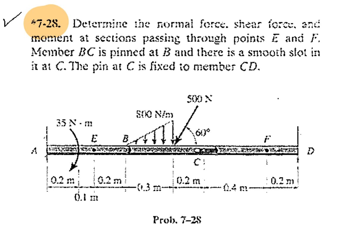 *7-28. Determine the normal force. shear foree, and
moment at sections passing through points E and F.
Member BC is pinned at B and there is a smooth slot in
it at C. The pin at Cis fixed to member CD.
S00 N
S0O N/m
35 N- m
0.2 m
0.2 m
0.2 m
0.2 m
-0.3m
0.1 m
Prob. 7-28
