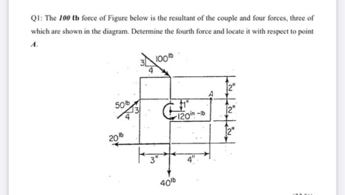 QI: The 100 tb force of Figure below is the resultant of the couple and four forces, three of
which are shown in the diagram. Determine the fourth force and locate it with respect to point
A.
100
50
-Ib
206
406
