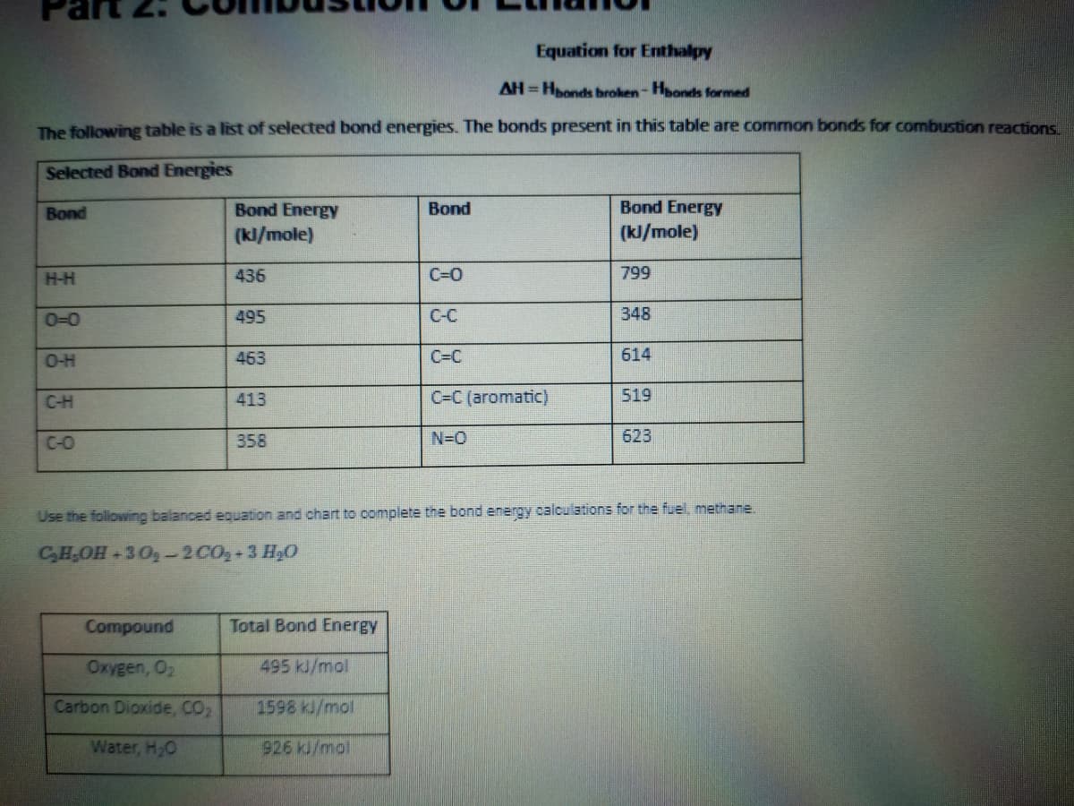 Equation for Enthalpy
AH = Honds broken- Hoonds formed
The following table is a list of selected bond energies. The bonds present in this table are common bonds for combustion reactions
Selected Bond Energies
Bond
Bond Energy
Bond
Bond Energy
(kl/mole)
(kl/mole)
H-H
436
C=0
799
0-0
495
C-C
348
O-H
463
C=C
614
C-H
413
C=C (aromatic)
519
C-O
358
N=O
623
Use the folowing balanced equation and chart to complete the bond energy calculations for the fuel, methane.
CHOH+30g-2 CO2+3 Hy0
Compound
Total Bond Energy
Oxygen, 02
495 kJ/ml
Carbon Dioxide, CO2
1598 kJ/mol
Water, H,O
926 kl/mol
