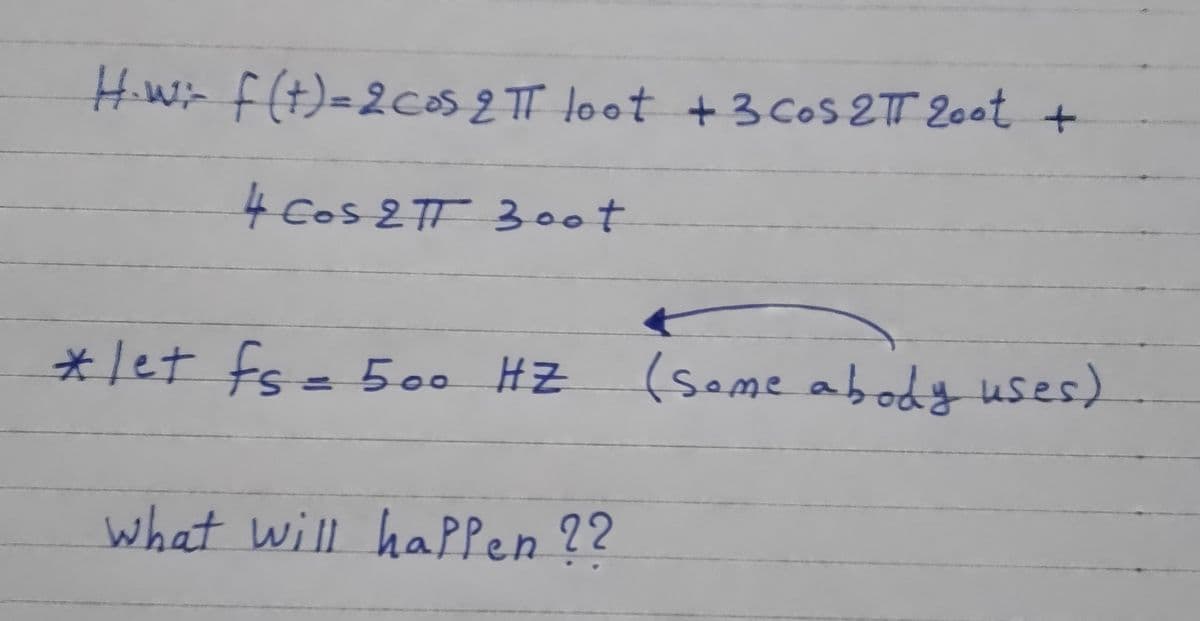 Hwi-f(t)=2cos 2 TT loot +3 Cos 2T 20ot +
4 Cos 2T 30ot
*let fs = 500 HZ
(some abodt uses).
what will haPPen ??
happen 22
