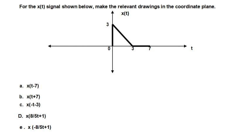 For the x(t) signal shown below, make the relevant drawings in the coordinate plane.
x(t)
3
a. x(t-7)
b. x(t+7)
c. x(-t-3)
D. x(8/5t+1)
e. x (-8/5t+1)
0
