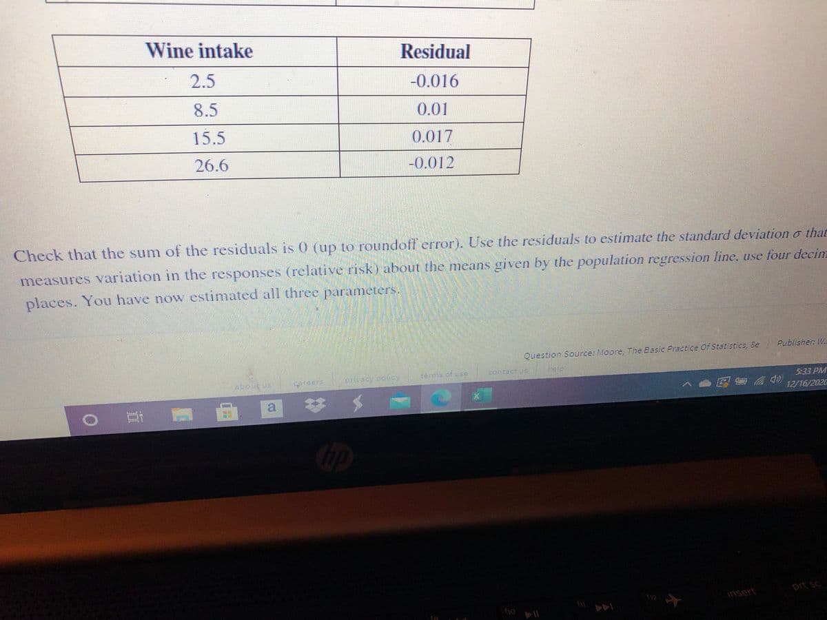 Wine intake
Residual
2.5
-0.016
8.5
0.01
15.5
0.017
26.6
-0.012
Check that the sum of the residuals is 0 (up to roundoff error). Use the residuals to estimate the standard deviation o that
measures variation in the responses (relative risk) about the means given by the population regression line, use four decim
places. You have now estimated all three parameters.
Question Source: Moore, The Basic Practice Of Statistics, &e
Publisher: W.
erivacy oolcy
tems of cea
contacts
help
5:33 PM
12/16/2020
0耳番
prt sc
112
insert
A
