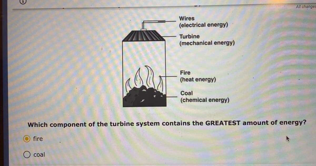 All changes
Wires
(electrical energy)
Turbine
(mechanical energy)
Fire
(heat energy)
Coal
(chemical energy)
Which component of the turbine system contains the GREATEST amount of energy?
fire
О сoal
