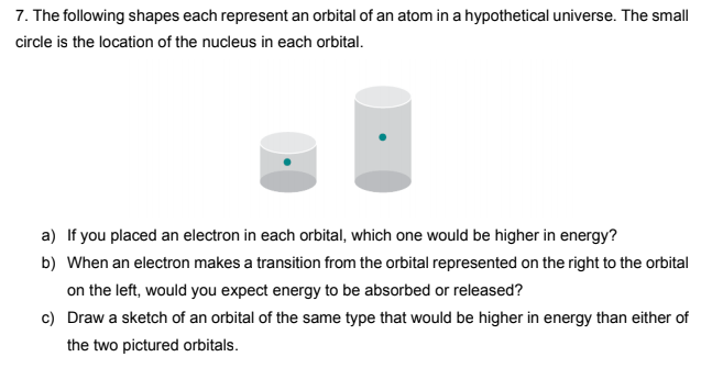 7. The following shapes each represent an orbital of an atom in a hypothetical universe. The small
circle is the location of the nucleus in each orbital.
a) If you placed an electron in each orbital, which one would be higher in energy?
b) When an electron makes a transition from the orbital represented on the right to the orbital
on the left, would you expect energy to be absorbed or released?
c) Draw a sketch of an orbital of the same type that would be higher in energy than either of
the two pictured orbitals.
