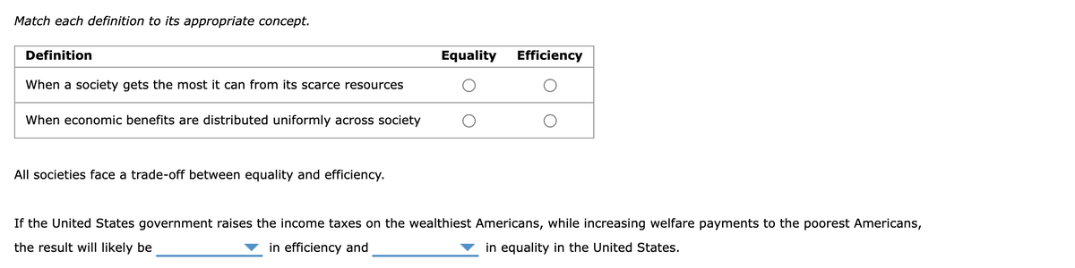 Match each definition to its appropriate concept.
Definition
Equality
Efficiency
When a society gets the most it can from its scarce resources
When economic benefits are distributed uniformly across society
All societies face a trade-off between equality and efficiency.
If the United States government raises the income taxes on the wealthiest Americans, while increasing welfare payments to the poorest Americans,
the result will likely be
in efficiency and
in equality in the United States.
