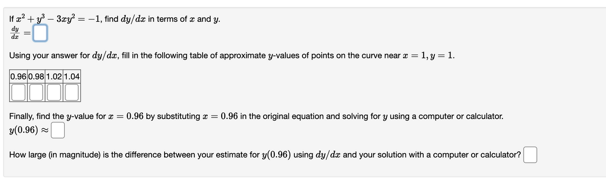If x² + y³ − 3xy² = −1, find dy/dx in terms of x and y.
dy
dx
Using your answer for dy/dx, fill in the following table of approximate y-values of points on the curve near x = 1, y = 1.
0.96 0.98 1.02 1.04
Finally, find the y-value for x = 0.96 by substituting x = 0.96 in the original equation and solving for y using a computer or calculator.
y(0.96) 0
How large (in magnitude) is the difference between your estimate for y(0.96) using dy/dx and your solution with a computer or calculator?