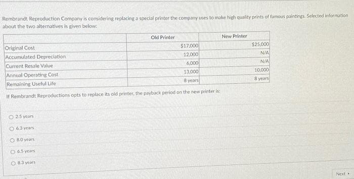 Rembrandt Reproduction Company is considering replacing a special printer the company uses to make high quality prints of famous paintings. Selected information
about the two alternatives is given below:
Original Cost
$17,000
Accumulated Depreciation
12.000
6,000
Current Resale Value
Annual Operating Cost
13,000
Remaining Useful Life
8 years
If Rembrandt Reproductions opts to replace its old printer, the payback period on the new printer is:
O 2.5 years
O 6.3 years
O 8.0 years
Old Printer
O 6.5 years
O 8.3 years
New Printer
$25,000
N/A
N/A
10,000
8 years
Next