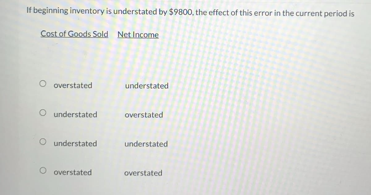 If beginning inventory is understated by $9800, the effect of this error in the current period is
Cost of Goods Sold
Net Income
overstated
understated
understated
overstated
understated
understated
overstated
overstated
