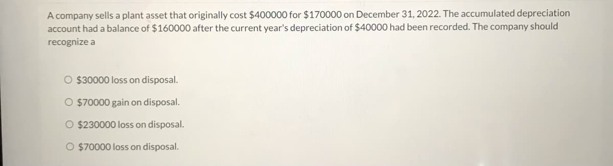 A company sells a plant asset that originally cost $400000 for $170000 on December 31, 2022. The accumulated depreciation
account had a balance of $160000 after the current year's depreciation of $40000 had been recorded. The company should
recognize a
O $30000 loss on disposal.
O $70000 gain on disposal.
O $230000 loss on disposal.
O $70000 loss on disposal.
