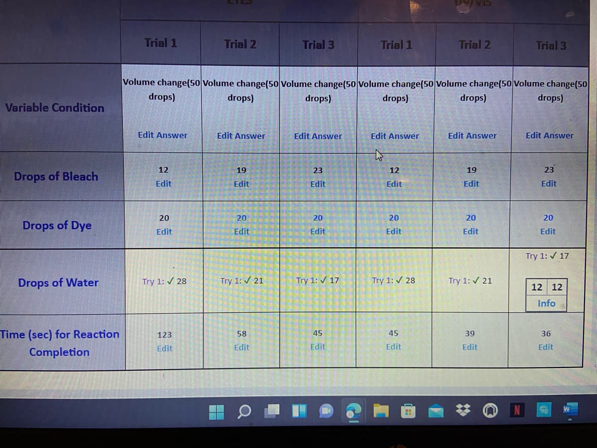 LILS
Trial 1
Trial 2
Trial 3
Trial 1
Trial 2
Trial 3
Volume change(50 Volume change(50 Volume change(50 Volume change(50 Volume change(50 Volume change(50
drops)
drops)
drops)
drops)
drops)
drops)
Variable Condition
Edit Answer
Edit Answer
Edit Answer
Edit Answer
Edit Answer
Edit Answer
12
19
23
12
19
23
Drops of Bleach
Edit
Edit
Edit
Edit
Edit
Edit
20
20
20
20
20
20
Drops of Dye
Edit
Edit
Edit
Edit
Edit
Edit
Try 1: / 17
Drops of Water
Try 1: / 28
Try 1: / 21
Try 1: 17
Try 1: 28
Try 1: 21
12 12
Info
Time (sec) for Reaction
45
123
58
45
39
36
Edit
Edit
Edit
Edit
Edit
Edit
Completion
