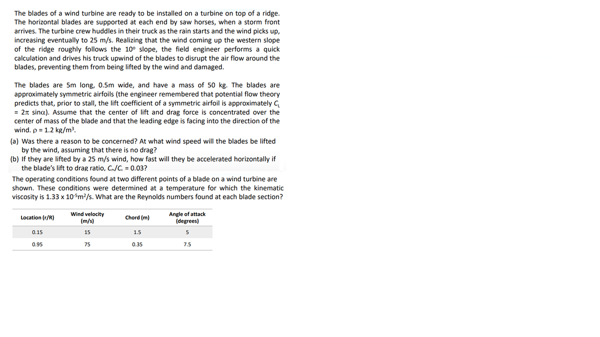 The blades of a wind turbine are ready to be installed on a turbine on top of a ridge.
The horizontal blades are supported at each end by saw horses, when a storm front
arrives. The turbine crew huddles in their truck as the rain starts and the wind picks up,
increasing eventually to 25 m/s. Realizing that the wind coming up the western slope
of the ridge roughly follows the 10° slope, the field engineer performs a quick
calculation and drives his truck upwind of the blades to disrupt the air flow around the
blades, preventing them from being lifted by the wind and damaged.
The blades are 5m long, 0.5m wide, and have a mass of 50 kg. The blades are
approximately symmetric airfoils (the engineer remembered that potential flow theory
predicts that, prior to stall, the lift coefficient of a symmetric airfoil is approximately C
= 2n sina). Assume that the center of lift and drag force is concentrated over the
center of mass of the blade and that the leading edge is facing into the direction of the
wind. p = 1.2 kg/m3.
(a) Was there a reason to be concerned? At what wind speed will the blades be lifted
by the wind, assuming that there is no drag?
(b) If they are lifted by a 25 m/s wind, how fast will they be accelerated horizontally if
the blade's lift to drag ratio, C/C, = 0.03?
The operating conditions found at two different points of a blade on a wind turbine are
shown. These conditions were determined at a temperature for which the kinematic
viscosity is 1.33 x 10-5m²/s. What are the Reynolds numbers found at each blade section?
Wind velocity
(m/s)
Angle of attack
(degrees)
Location (r/R)
Chord (m)
0.15
15
1.5
0.95
75
0.35
7.5
