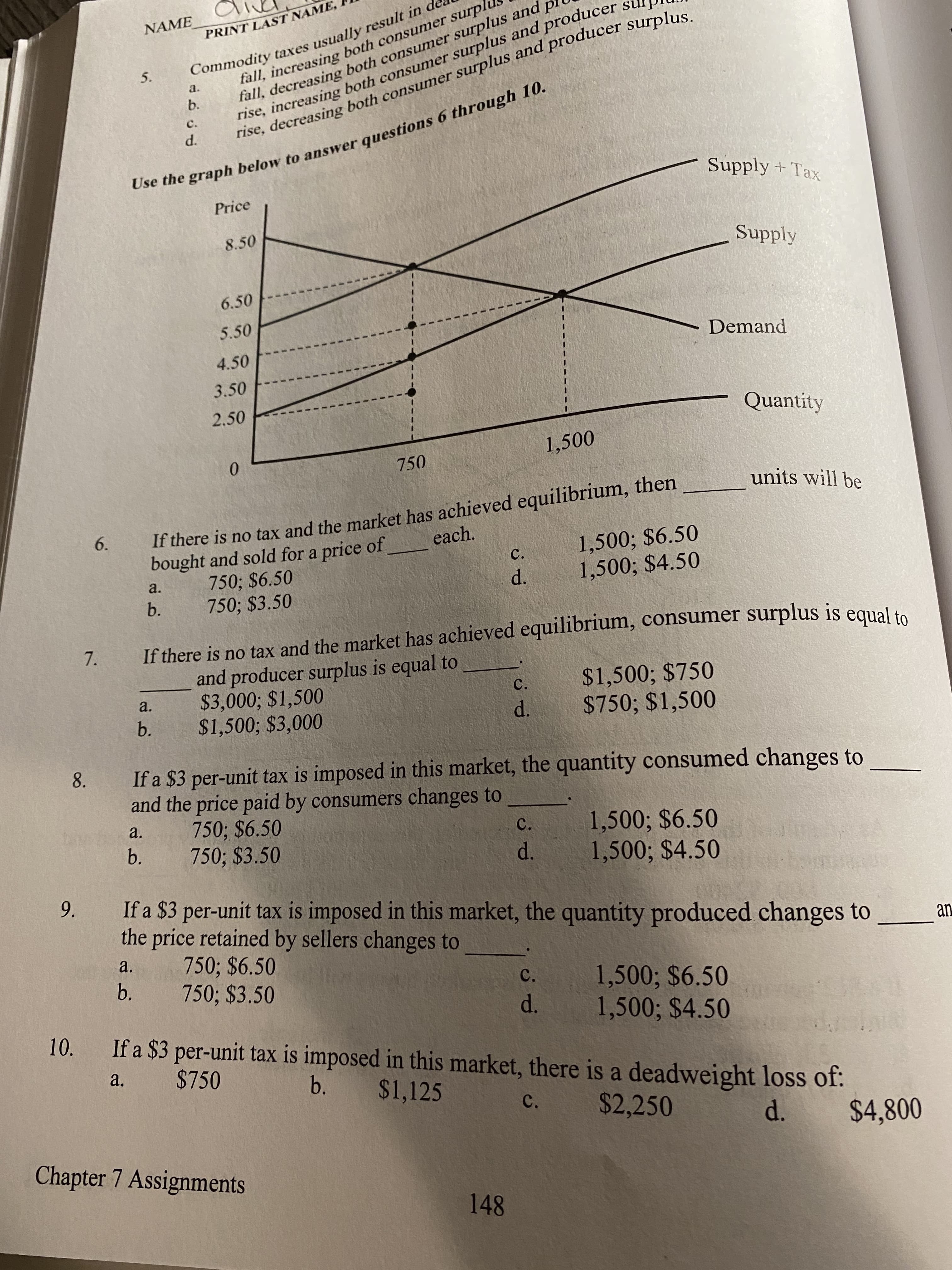 tall, increasing both consumer surpli
tall, decreasing both consumer surplus and
rise, increasing both consumer surplus and producer
rise, decreasing both consumer surplus and producer surplus.
NAME
PRINT LAST NAME,
5.
Commodity taxes usually result in de
a.
b.
C.
d.
Use the graph below to answer questions 6 through 10.
Supply + Tax
Price
8.50
Supply
6.50
5.50
Demand
4.50
3.50
2.50
Quantity
1,500
750
units will be
If there is no tax and the market has achieved equilibrium, then
1,500; $6.50
1,500; $4.50
6.
each.
bought and sold for a price of
C.
750; $6.50
750; $3.50
a.
d.
b.
If there is no tax and the market has achieved equilibrium, consumer surplus is equal
and producer surplus is equal to
$3,000; $1,500
$1,500; $3,000
$1,500; $750
$750; $1,500
a.
C.
b.
d.
If a $3 per-unit tax is imposed in this market, the quantity consumed changes to
and the price paid by consumers changes to
750; $6.50
750; $3.50
8.
a.
1,500; $6.50
1,500; $4.50
C.
b.
d.
9.
If a $3 per-unit tax is imposed in this market, the quantity produced changes to
the price retained by sellers changes to
an
750; $6.50
750; $3.50
a.
b.
1,500; $6.50
1,500; $4.50
C.
d.
If a $3 per-unit tax is imposed in this market, there is a deadweight loss of:
10.
a.
$750
b.
$1,125
C.
$2,250
d.
$4,800
Chapter 7 Assignments
148
1.
7.
