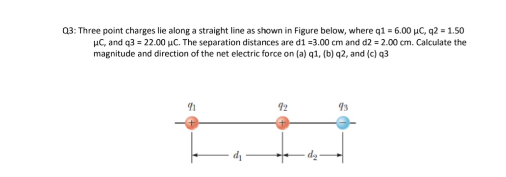 Q3: Three point charges lie along a straight line as shown in Figure below, where q1 = 6.00 µC, q2 = 1.50
µC, and q3 = 22.00 µC. The separation distances are d1 =3.00 cm and d2 = 2.00 cm. Calculate the
magnitude and direction of the net electric force on (a) q1, (b) q2, and (c) q3
92
93
di
