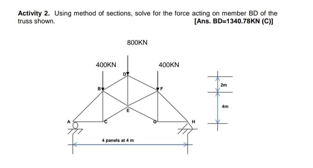 Activity 2. Using method of sections, solve for the force acting on member BD of the
truss shown.
[Ans. BD=1340.78KN (C)]
800KN
400KN
400KN
DY
2m
B
4m
E
A
4 panels at 4 m
