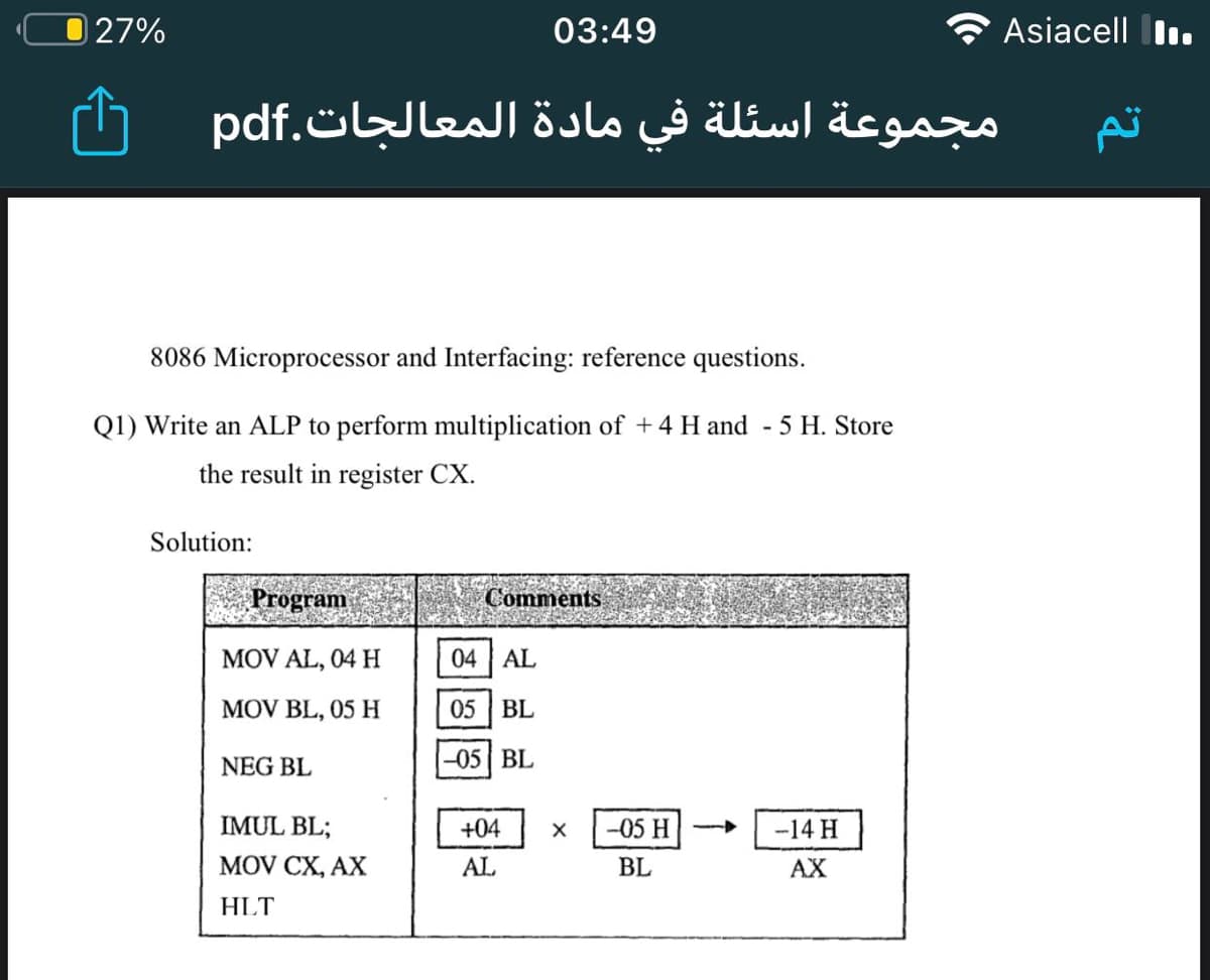27%
03:49
Asiacell lI.
مجموعة اسئلة في مادۃ المعالجات.pdf
8086 Microprocessor and Interfacing: reference questions.
Q1) Write an ALP to perform multiplication of + 4 H and - 5 H. Store
the result in register CX.
Solution:
Program
Comments
MOV AL, 04 H
04 AL
MOV BL, 05 H
05 BL
NEG BL
-05 BL
IMUL BL;
+04
-05 H
-14 H
MOV CX, AX
AL
BL
AX
HLT
