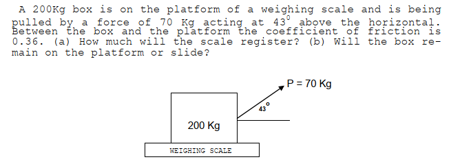 A 200Kg box is on the platform of a weighing scale and is being
pulled by a force of 70 Kg acting at 43° above the horizontal.
Between the box and the platform the coefficient of friction is
0.36. (a) How much will the scale register? (b) will the box re-
main on the platform or slide?
P = 70 Kg
200 Kg
WEIGHING SCALE
