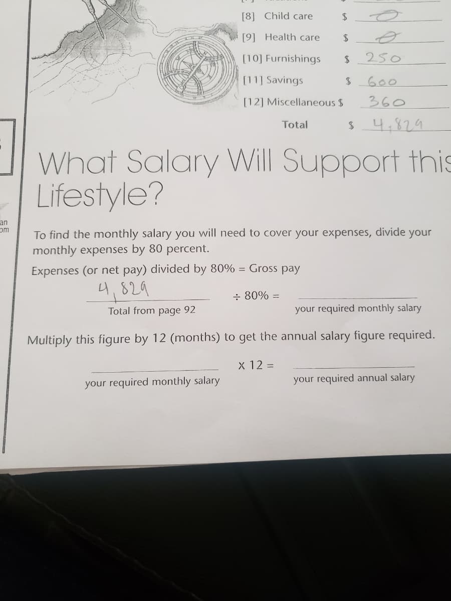 [8] Child care
2$
[9] Health care
2$
[10] Furnishings
250
[11] Savings
600
[12] Miscellaneous $
360
Total
4,829
What Salary Will Support this
Lifestyle?
an
om
divide your
To find the monthly salary you will need to cover your expenses,
monthly expenses by 80 percent.
Expenses (or net pay) divided by 80% = Gross pay
4,829
÷ 80% =
Total from page 92
your required monthly salary
Multiply this figure by 12 (months) to get the annual salary figure required.
X 12 =
your required monthly salary
your required annual salary
