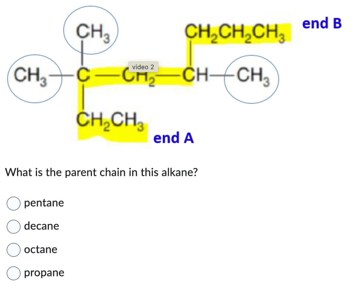 CH3
CH3 C CH₂CH-CH3
CH₂CH3
pentane
decane
octane
video 2
What is the parent chain in this alkane?
propane
CH₂CH₂CH₂
end A
end B