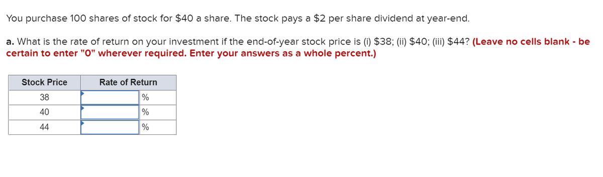 You purchase 100 shares of stock for $40 a share. The stock pays a $2 per share dividend at year-end.
a. What is the rate of return on your investment if the end-of-year stock price is (i) $38; (ii) $40; (iii) $44? (Leave no cells blank - be
certain to enter "0" wherever required. Enter your answers as a whole percent.)
Stock Price
Rate of Return
38
40
%
44
%
